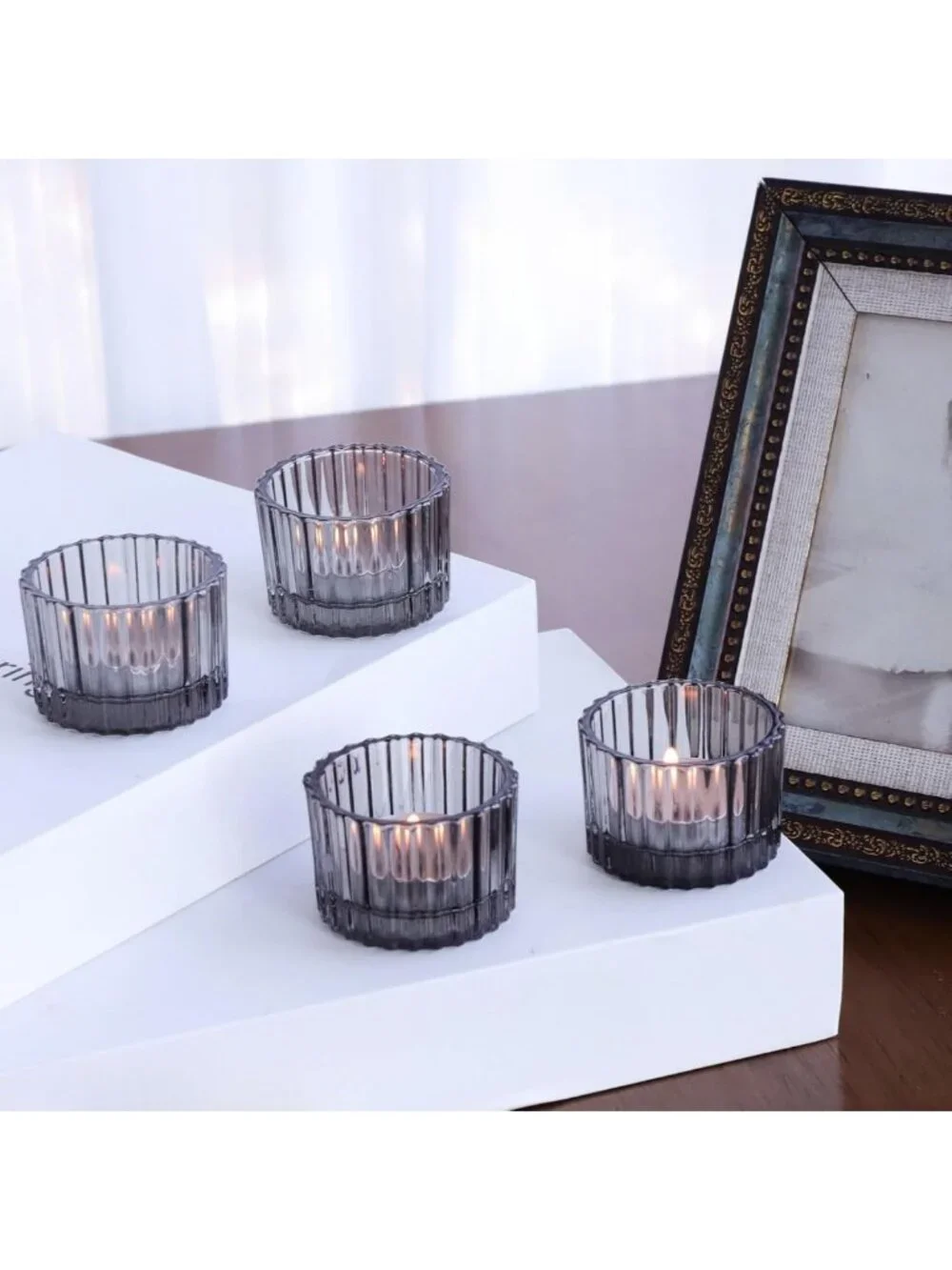 24pcs Smoky Grey Ribbed Tealight Candle Holders - Elegant Votive Decor
